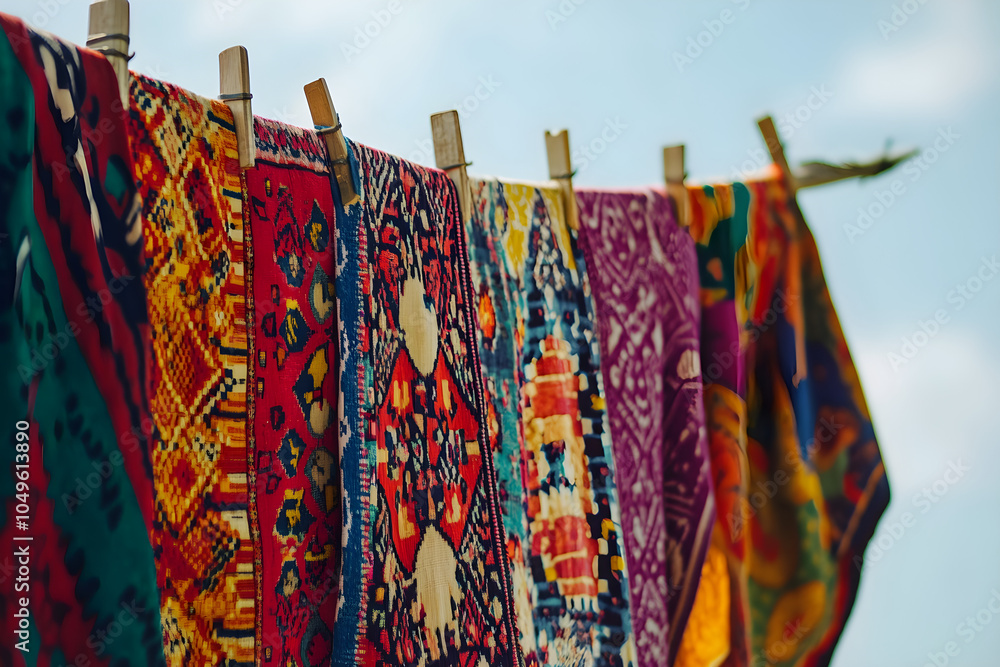 Poster colorful textiles display intricate romani patterns, hanging under a clear sky and creating a vibran