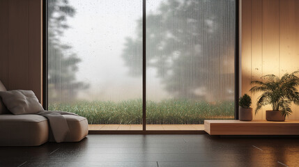 Modern living room with a cozy sofa by rain-soaked window and peaceful view of greenery outside