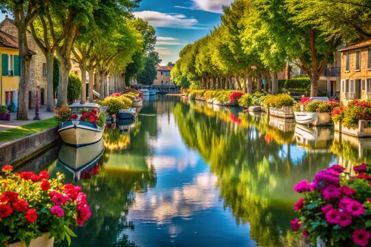 Scenic Portrait Photography of Canal du Midi at Capestang, Occitane, France &ndash; Captivating Waterway Beauty