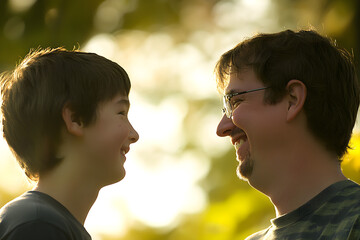 Fototapeta premium A father and son smile at each other in a warm, joyful moment, surrounded by soft, golden light and a natural background