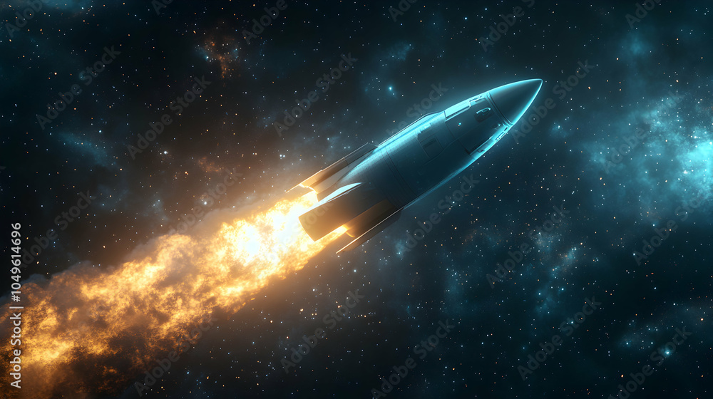 Poster high-resolution 3d render of a sleek rocket launching into space against a starry background