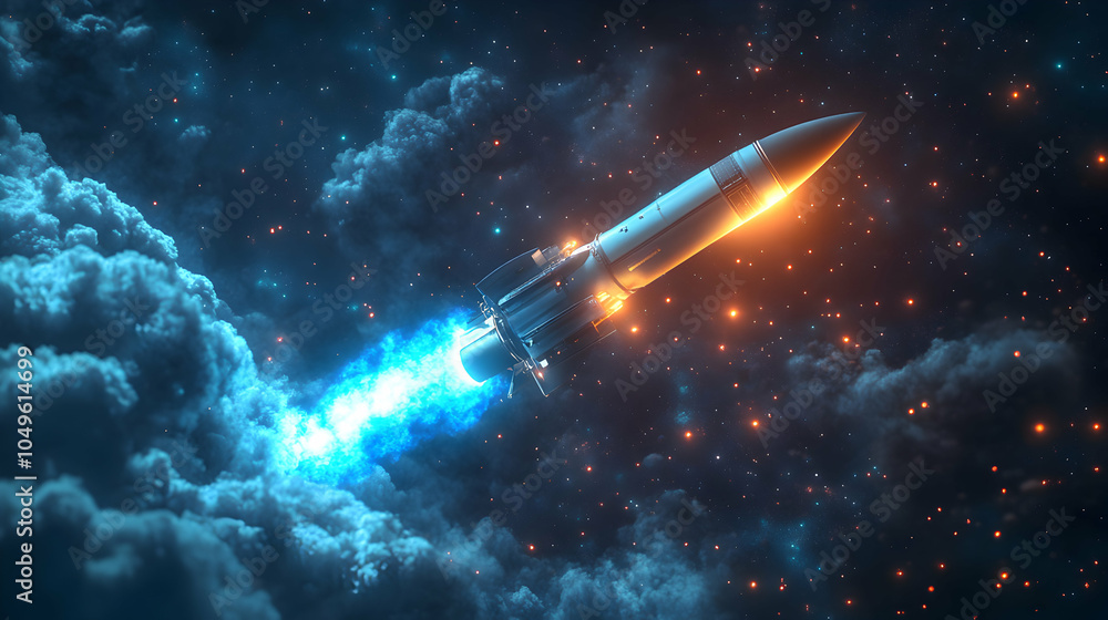 Poster high-resolution 3d render of a sleek rocket launching into space against a starry background