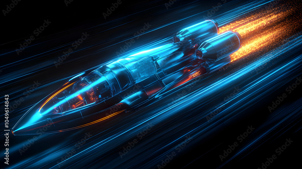 Poster sleek and modern 3d neon blue rocket hovering in space, futuristic design with dynamic lighting