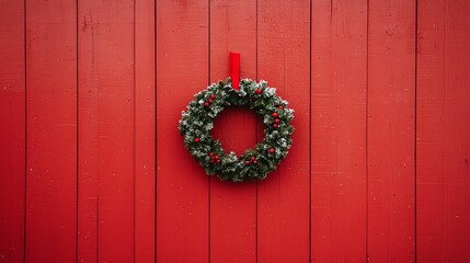 Merry Christmas painted in festive red and green across a snowcovered barn door, with a rustic holiday wreath hanging in the center