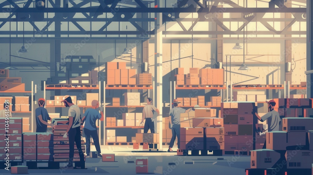 Aufkleber a team of workers transports boxes and pallets within a large warehouse, surrounded by shelves stock