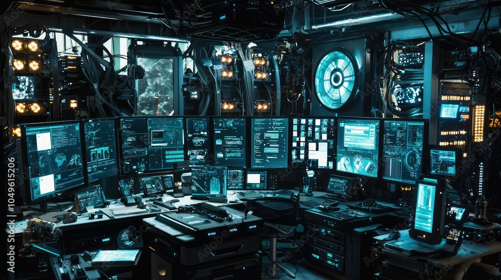 Poster modern tech workspace with multiple screens and gadgets
