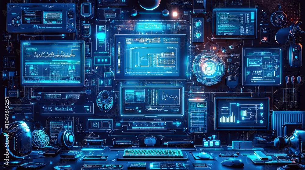 Poster Dynamic Tech Workspace with Multiple Screens and Gadgets