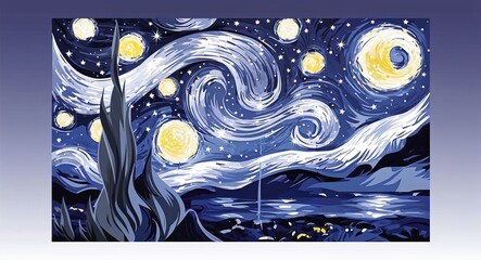 Starry night painting in silver dark indigo and shimmering white