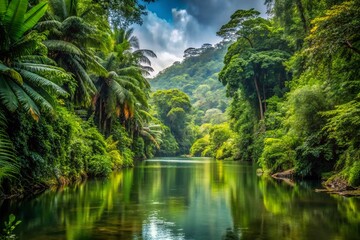 Fototapeta premium Serene Jungle River in Colombia: Minimalist Tropical Forest Scene