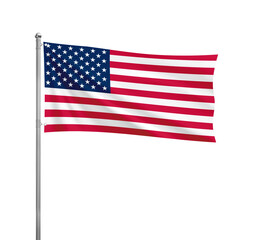 The United States National flag waving in the wind on a silver pole, isolated on transparent