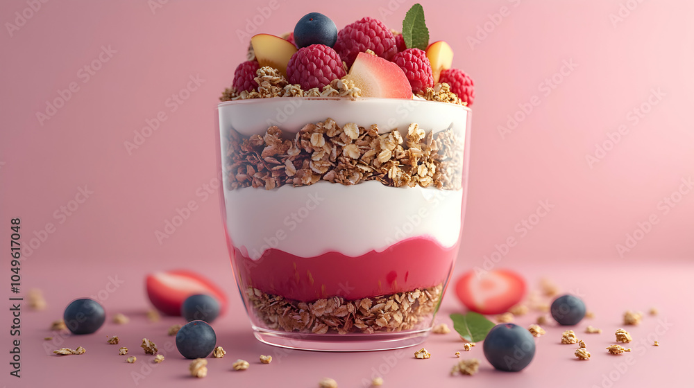 Poster smooth clay parfait with shiny yogurt layers on a minimalist background