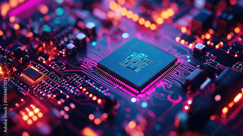 Poster close-up of a glowing microchip on a circuit board, with a chip in the middle