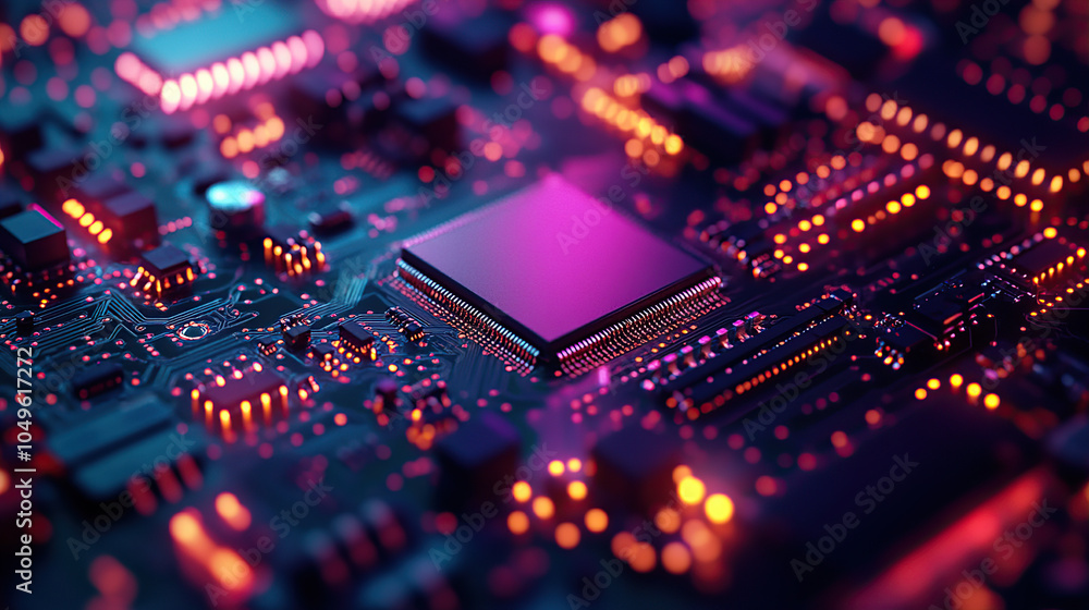 Poster close-up of a glowing microchip on a circuit board, with a chip in the middle