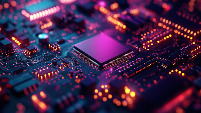 Close-up of a glowing microchip on a circuit board, with a chip in the middle