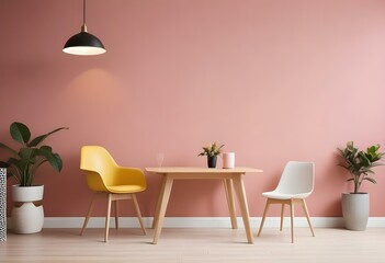A modern dining area with a wooden table, two white chairs, and one yellow chair, set against a pink wall with a black pendant light.