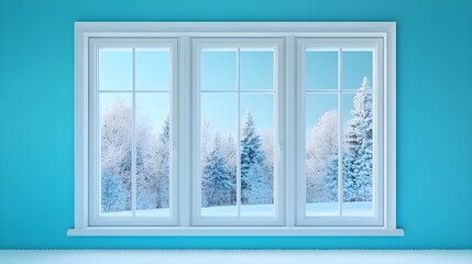 Obraz premium Winter Window View of Snowy Forest with Blue Wall