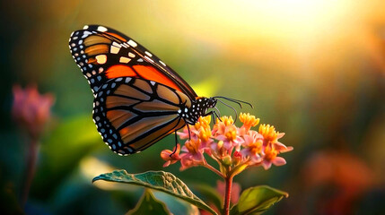 Fototapeta premium A monarch butterfly with orange and black wings is perched on a pink flower with green leaves. The sun shines brightly behind the butterfly, creating a warm, golden glow.
