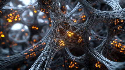 Naklejka premium Intricate 3D mesh structures create futuristic atmosphere, showcasing blend of organic and technological elements. glowing orange highlights add captivating contrast to dark, complex framework