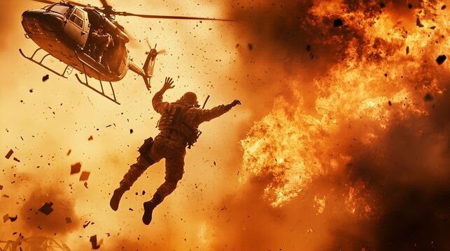 Adrenaline pumping scene of a stuntman executing a daring aerial rescue maneuver during a high stakes action sequence surrounded by a fiery explosion billowing smoke