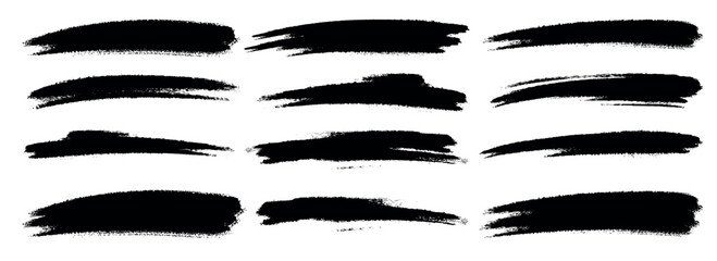 Collection of black brush strokes in different shapes isolated on transparent background Vector illustration.