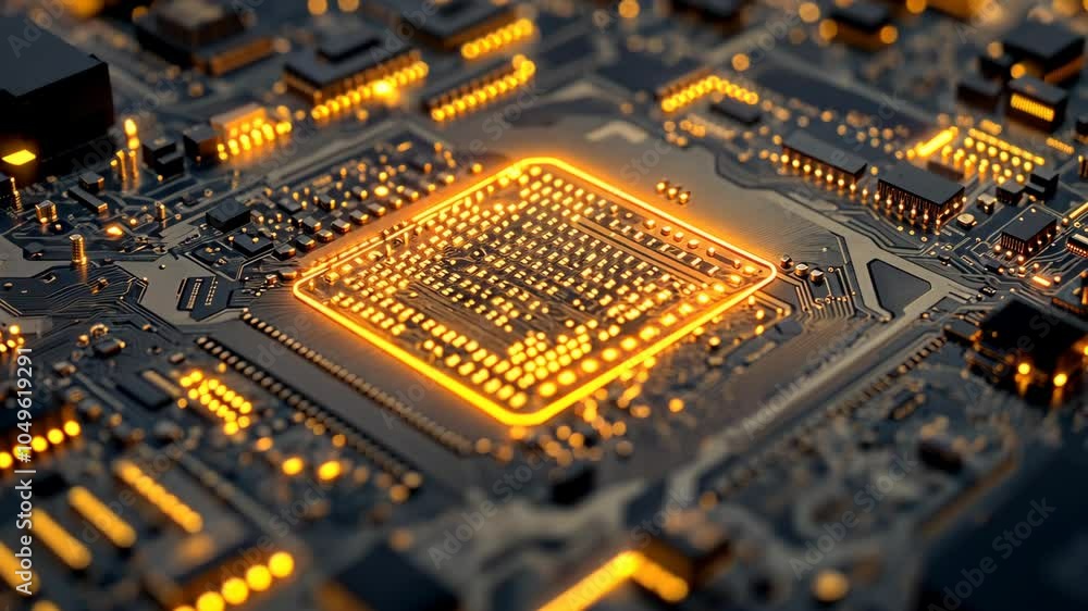 Poster a close-up of a circuit board with a central processor glowing brightly