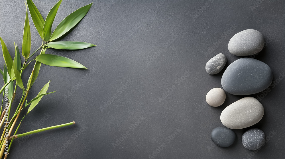 Poster basalt stones and bamboo create a calming effect on a dark surface, promoting relaxation and tranqui