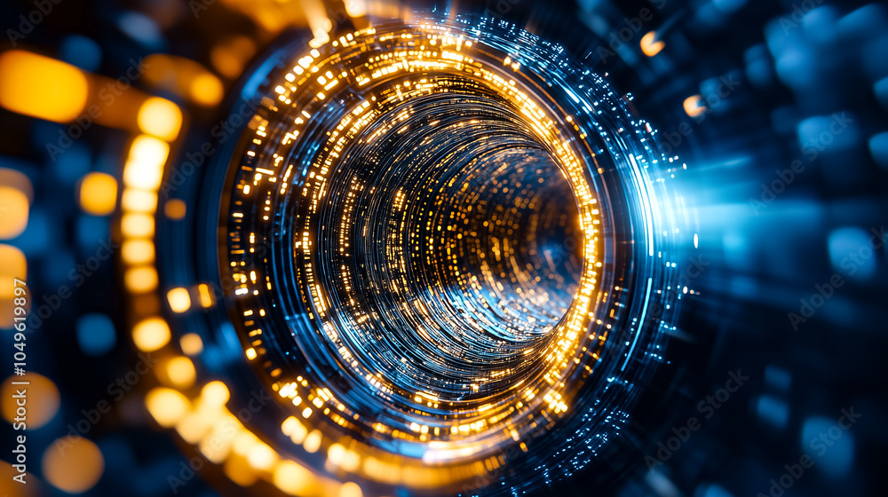 Poster glowing particles flow through a vibrant tunnel, illustrating dynamic data streams in a futuristic d