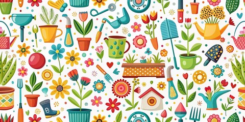 Spring Gardening Tools and Decorations Pattern for Seasonal Celebrations