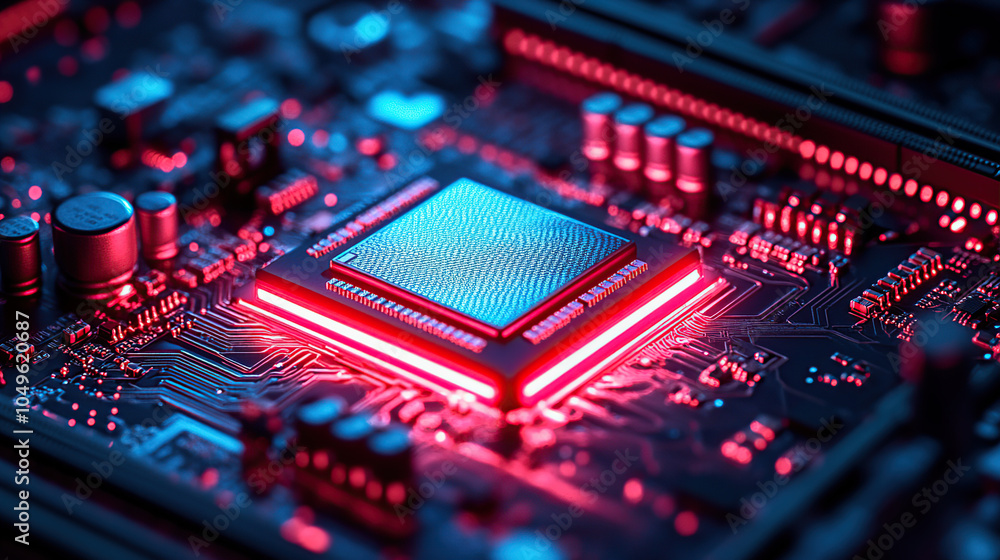 Poster close-up of a glowing microchip on a circuit board, with a chip in the middle