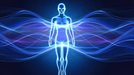 A blue glowing figure stands in the middle of a dark blue background with glowing waves surrounding the figure - Powered by Adobe