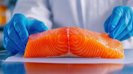 Fresh salmon fillet being prepared in a sterile kitchen environment.