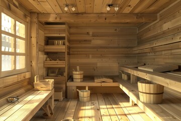Warm wooden tones create a tranquil atmosphere in the traditional sauna, adorned with benches, buckets, and shelves for relaxation. Generative AI