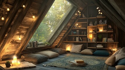 Cozy Attic Room with Cushions and Books