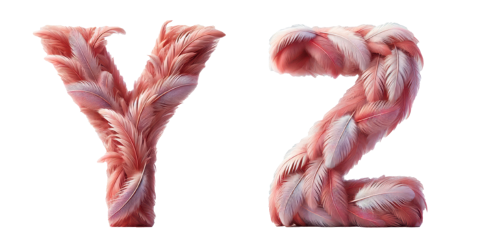 Abstract Typography of Feather Textured Letters Y and Z: Close-up of letters Y and Z with soft pink feather textures on a black background - Powered by Adobe