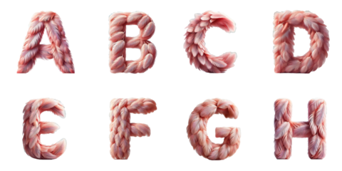  Abstract Typography of Feather Textured Letters A to H: Close-up of letters A, B, C, D, E, F, G, H with soft pink feather textures on a black background