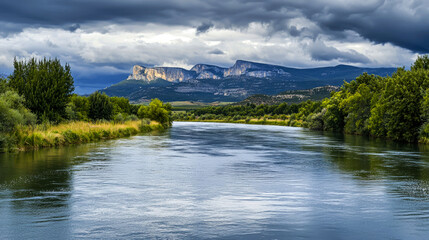 Fototapeta premium A scenic river winds through a valley, with dramatic mountains in the distance and a cloudy sky overhead.