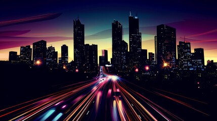 Fototapeta premium road in city with skyscrapers and car traffic light trails. infrastructure and transportation background