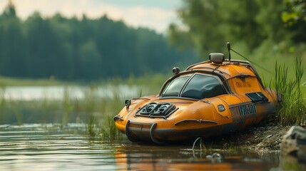 Compact and advanced rescue hovercraft sitting near the shoreline of a tranquil natural lake surrounded by lush vegetation  The versatile