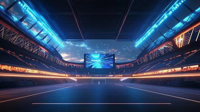 Futuristic rugby stadium with holographic screens, night scene, 3D illustration