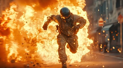 Daring stunt performer engulfed in flames while navigating a chaotic explosive street scene during a high stakes action sequence for a film or television production