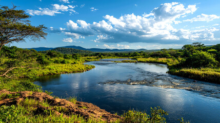 Fototapeta premium A scenic view of a river winding through a green savanna landscape, with a blue sky and white clouds.