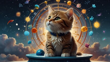 The World: Chibi cat in a playful dance pose, encircled by doodle symbols representing the four elements (earth, water, air, fire), sharp and detailed lines on white background