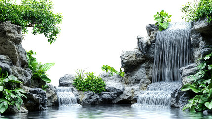 Naklejka premium A serene waterfall cascading down rocky cliffs into a calm pool, surrounded by lush greenery.
