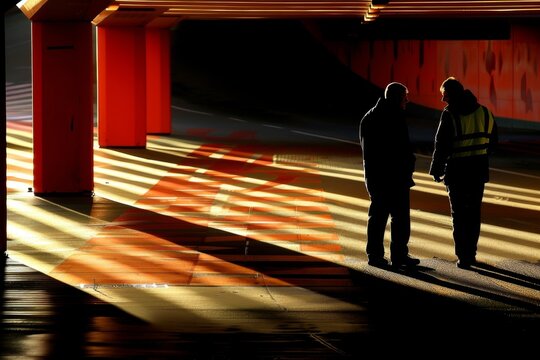 Silhouetted Figures Chat beneath Modern Architecture Bathed in Warm Sunlight, Minimalist Shadows - Powered by Adobe