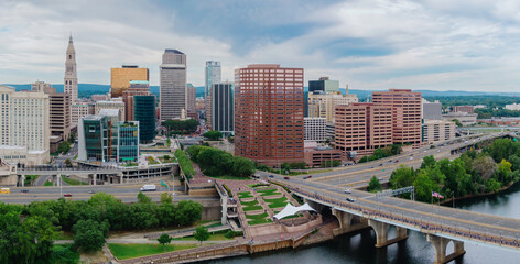 Downtown city skyline of Hartford and the Connecticut  river,Connecticut, United States.