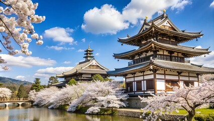 Fototapeta premium Japanese pagoda with cherry blossoms in bloom.