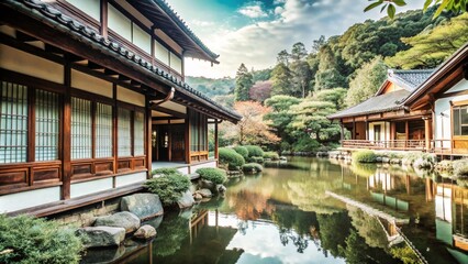 Obraz premium Traditional Japanese houses with a pond and garden in the foreground and a forest in the background.