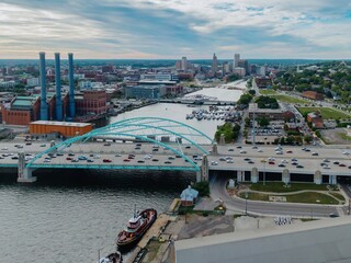 Traffic on the The 195 freeway and the Providence River Bridge. In the distance is downtown...
