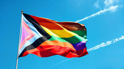 Pride Flag Waves in Clear Blue Sky