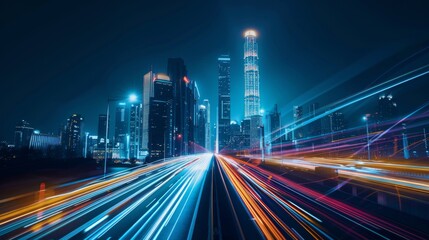 Fototapeta premium road in city with skyscrapers and car traffic light trails. infrastructure and transportation background